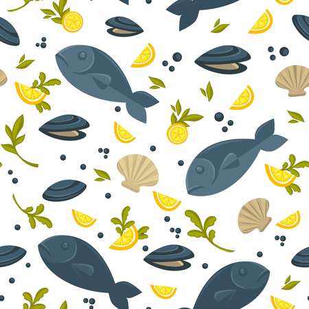 Salmon fish and oysters in shell in endless textureの写真素材