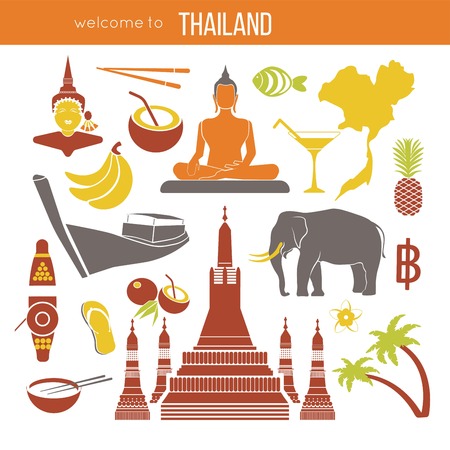 Set of Thailand travel symbols and Bangkok landmarks.のイラスト素材