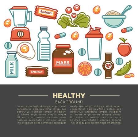 Fitness food poster of sports healthy diet food nutrition icons.のイラスト素材