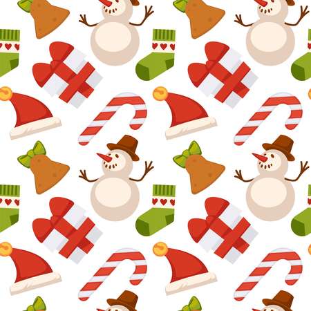Christmas seamless pattern composed of gift boxes tied with ribbon, decorative toys for festive tree, delicious treats and lighted candles isolated cartoon vector illustrations on white background.のイラスト素材