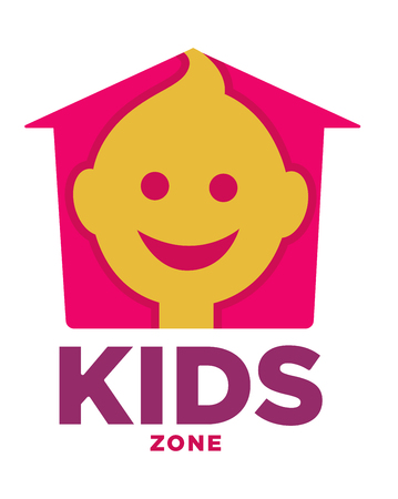 Kids zone logo template of child palm hands and speech bubble with color letters.のイラスト素材
