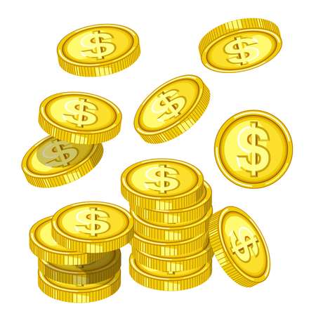 Shiny gold coins with engraved dollar signs drops from above in piles isolated cartoon flat vector illustration on white background. Money made of precious metal with low value of round shape.のイラスト素材