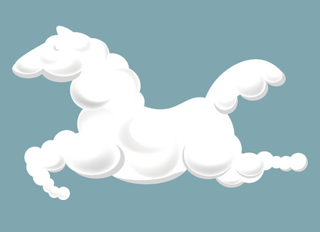 Silhouette of clouds in shape of horse profile that jumps with fluffy tail and long legs isolated cartoon flat vector illustration on white background. Fantastic noble animal figure in clear sky.のイラスト素材