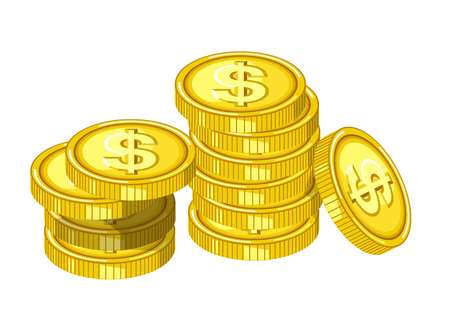 Shiny gold coins with engraved dollar signs drops from above in piles isolated cartoon flat vector illustrationのイラスト素材