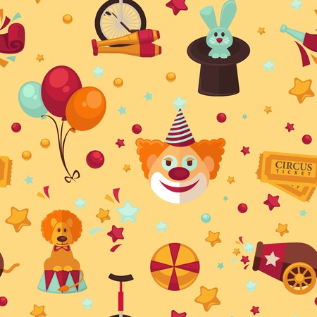Circus themed bright seamless pattern. Special equipment for show tricks and performers in scenic costumes surrounded with stars and balloons vector illustrations inside endless texture.のイラスト素材