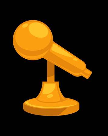 Gold shiny microphone on steady stand. Isolated cartoon flat illustration on black background.のイラスト素材