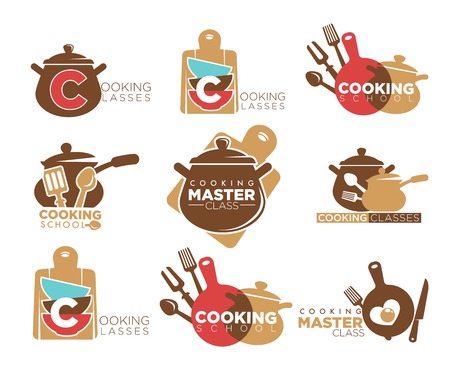 Cooking classes promotional emblems set with saucepans and cutleryのイラスト素材