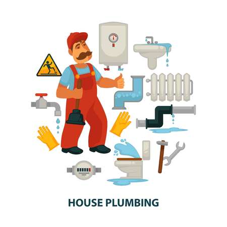 House plumbing promotional poster with plumber and broken sanitary engineeringのイラスト素材