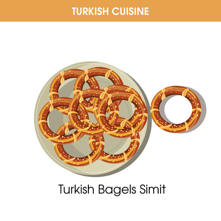 Turkish Bagels Simit on plate from traditional national cuisine isolated cartoon flat vector...