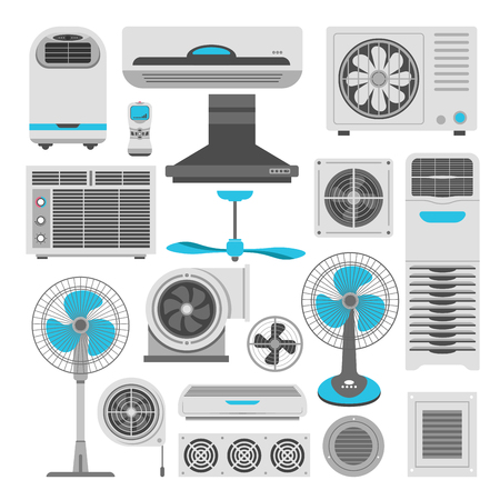 Air conditioners and fans or air purifiers humidifiers vector flat icons setのイラスト素材