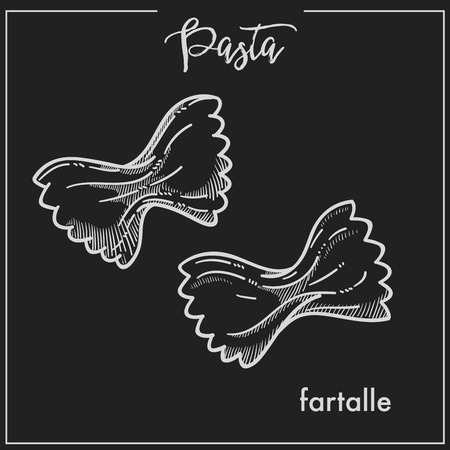 Pasta Farfalle chalk sketch icon for Italian cuisine menu. Vector isolated farfalle pasta type on black background for Italy pasta packaging or restaurant premium design templateのイラスト素材