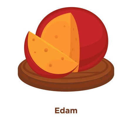 Cheese Edam sort vector flat isolated icon. Sliced and whole piece of Dutch Edam cheese in red wax cover on wooden round platter for farm market or store design templateのイラスト素材