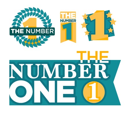 Number one emblems set with stars and ribbons around big numeral isolated cartoon vector illustrations on white background.のイラスト素材