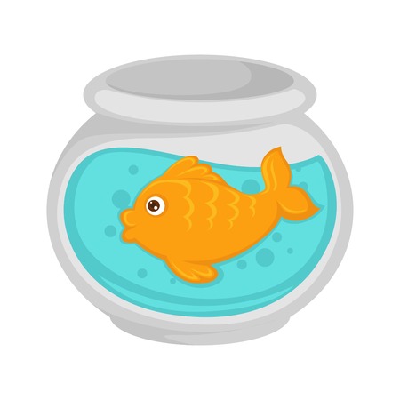 Fish in aquarium cartoon pet animal vector flat icon. Isolated funny golden fish in round aquarium water for kid, children or zoo, veterinary doctor and vet clinic design templateのイラスト素材