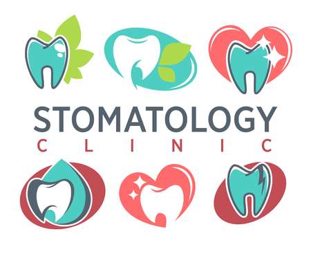 Stomatology dental clinic icon templates. Vector set of white tooth and shine sparkle, green leaf and heart for dentist clinic, toothpaste or dental care product design templateのイラスト素材