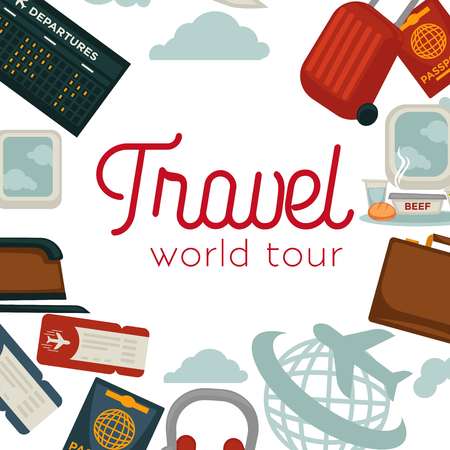 Travel and airplane world trip poster vector flat design of traveler luggage and passportのイラスト素材