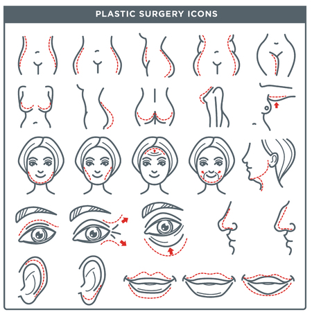 Plastic surgery line icons for woman body and face. Vector isolated set of woman beauty cosmetic operation for nose, eyes and lips, hips and breast for plastic surgery medical infographicのイラスト素材