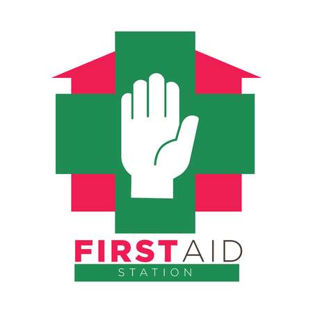 First aid station promotional icon with human palm, big green cross and red house with sign underneath. Fast medical health help isolated cartoon flat vector illustration on white background.のイラスト素材