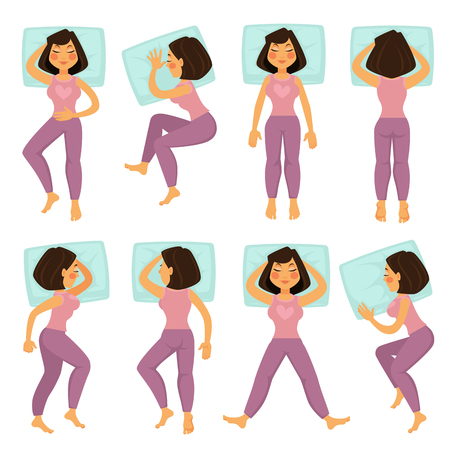 Woman sleeps on pillow in all possible positionsのイラスト素材