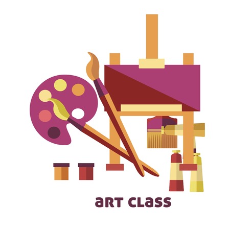 Art class equipment to create pictures promo poster. Wooden easel with blank canvas, tubes of paint, thick brushes and colorful palette cartoon flat vector illustrations on white background.のイラスト素材