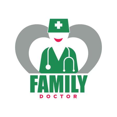 Family doctor service promotional emblem with woman silhouette in green uniform, that has cross on hat and stethoscope on neck with thick sign underneath isolated cartoon flat vector illustration.のイラスト素材