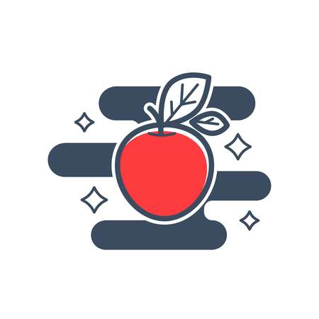 Ripe red apple with leaf, polished and shiny with stars around isolated cartoon flat vector illustration on white background. Healthy organic sweet fruit full of vitamins and minerals grown at farm.のイラスト素材