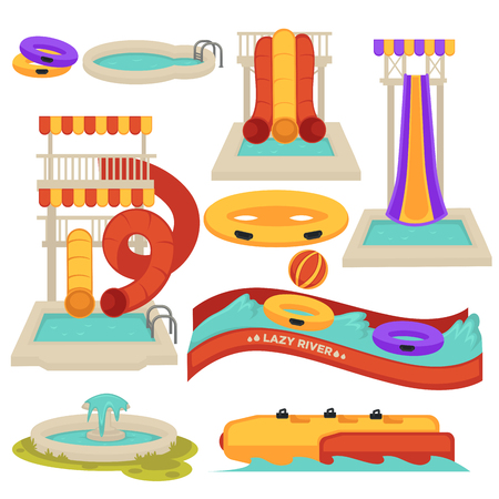 Aquapark water slides and amusement park attractions vector flat cartoon isolated iconsのイラスト素材