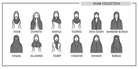 Muslim woman hijab type models collection. Vector isolated line icons of Muslim modern fashion womenswear hijab dupatta, shayla tuding or doa gaun and bandari burqa or chadorのイラスト素材