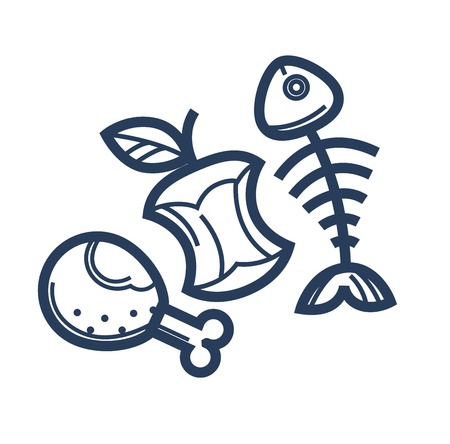Food remnants as organic garbage sketches. Bitten chicken leg, ripe apple and fish skeleton. Recyclable rubbish isolated cartoon flat monochrome vector illustrations set on white background.のイラスト素材