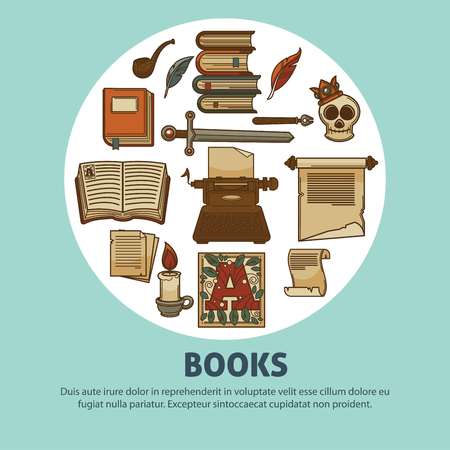 Poetry books poster of writer ink quill and stationery or detective smoking pipeのイラスト素材