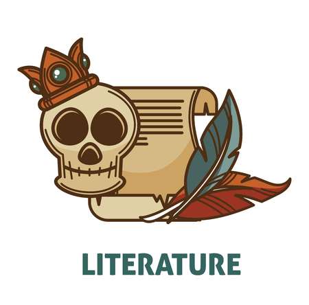 Vintage ancient literature and poetry book with skull vector isolated icon for poetry literature or bookstore library designのイラスト素材