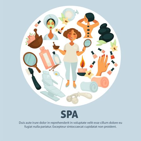 Spa procedures promotional poster with beautician and clientsのイラスト素材