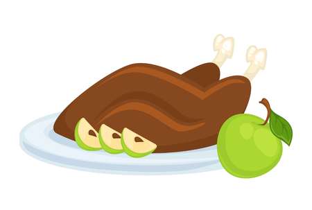 Delicious roasted duck with apple served on plateのイラスト素材