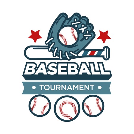 Baseball tournament promotional emblem with sportive glove and ballsのイラスト素材