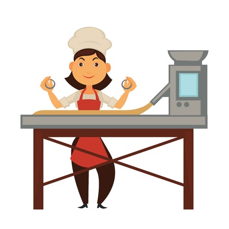 Female cook and big factory machine for dough handlingのイラスト素材