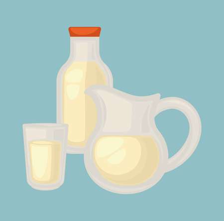 Delicious fresh milk in small glass, big jug and bottle with cover.のイラスト素材