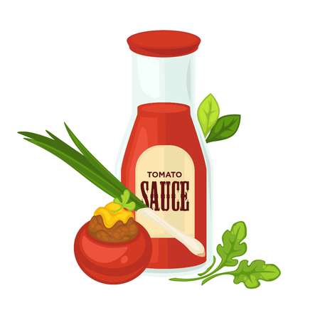 Delicious tomato sauce in glass bottle with fresh leafy greens.のイラスト素材
