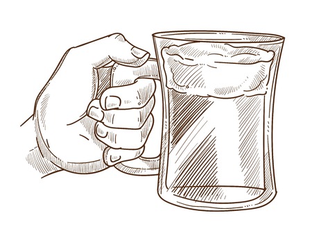 Hands holding glass vector sketch icon. Isolated man hand hold beer mug or pint tankard of alcohol drink wit foam froth for beer pub or brewery bar menu design templateのイラスト素材