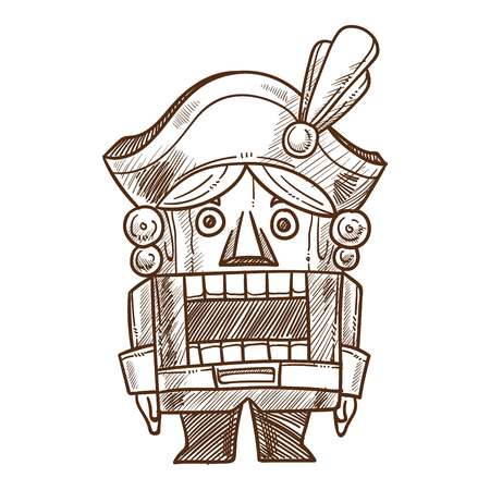 Nutcracker retro toy sketch icon. Vector hand drawn isolated vintage cartoon nutcracker in soldier outfit character for kid fairy tale book designのイラスト素材