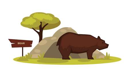 Bear zoo animal and wooden signboard vector cartoon icon for zoological parkのイラスト素材