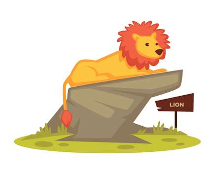 Lion zoo animal and wooden signboard vector cartoon icon for zoological parkのイラスト素材