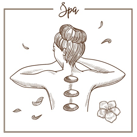 SPA salon hot stones treatment sketch icon. Isolated vector massage hot stones on woman back for SPA skincare procedure or cosmetic product design.のイラスト素材