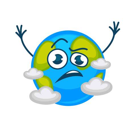 Earth planet cartoon character sad or angry in clouds.のイラスト素材