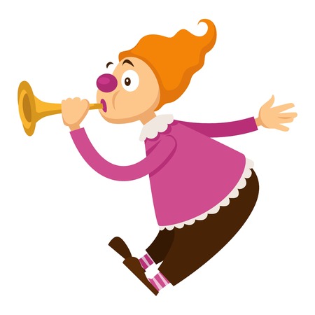 Clown in circus playing music on pipe flute. Vector cartoon character icon of clown in bright costume and color wig amusing for kid designのイラスト素材