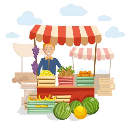 Wooden counter with delicious fruit and berries at market. friendly man sells organic products grown at farm in boxes under tent isolated cartoon flat vector illustration on white background.のイラスト素材