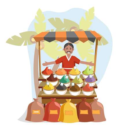Street wooden counter with exotic spices and friendly seller. Bags full of delicious colorful condiments and man-vendor with mustache isolated cartoon flat vector illustration on white background.のイラスト素材