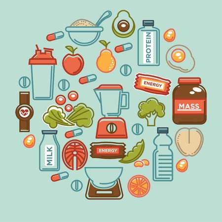 Fitness food poster of sports healthy diet food nutrition icons.のイラスト素材