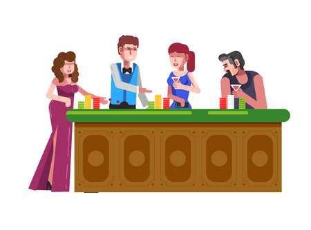 People playing poker in casino. Vector cartoon woman throwing dice or women with cocktails making gamble bets with poker chips to casino croupierのイラスト素材