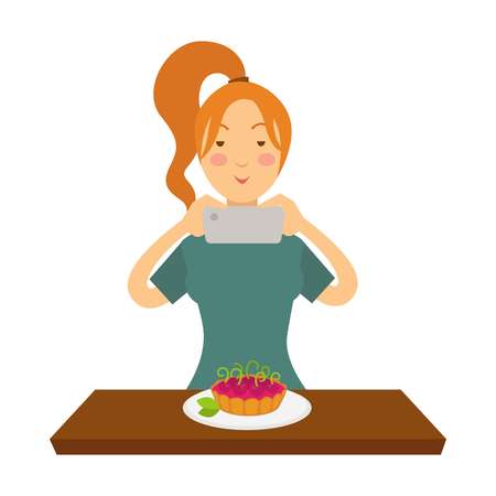 Blogger girl or vlogger woman shooting pastry on smartphone for social net photo blog or video vlog life hack or bakery recipe. Vector cartoon blogger or vlogger concept isolated characterのイラスト素材