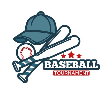 Baseball logo template for sport club tournament or team league badge. Vector baseball game ball, bat or player cap, gloves and starsのイラスト素材